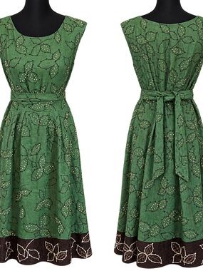 Lafayette 148 New York - Green Leaf-Print Sleeveless Midi Dress with Waist Tie
